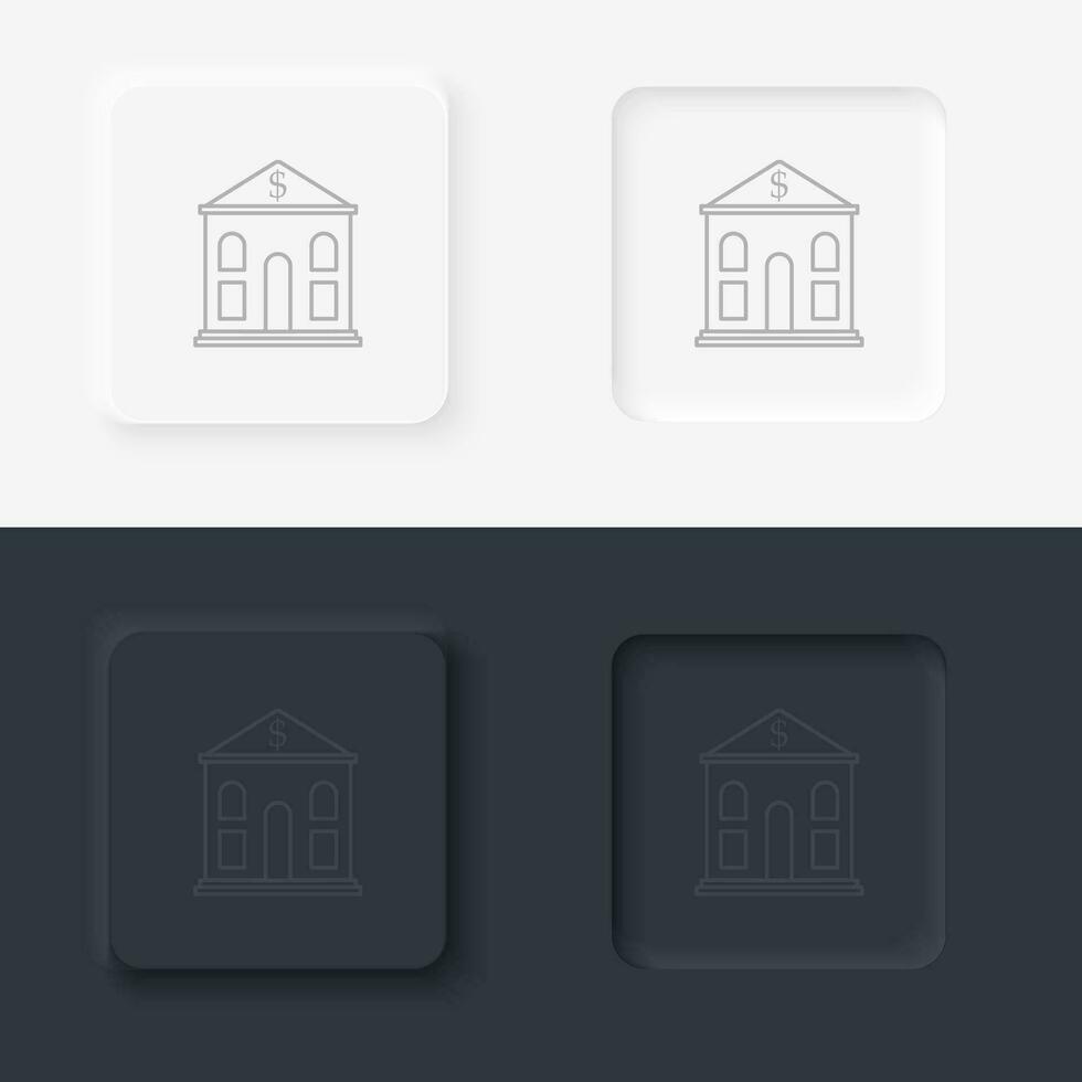 Building bank outline icon. Neumorphic style button vector iconon black and white background set