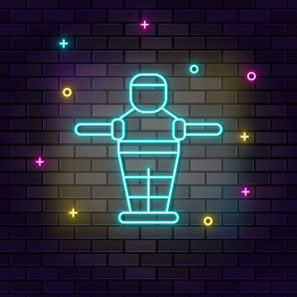 Table football game retro arcade neon on wall. Dark background brick wall neon icon. vector