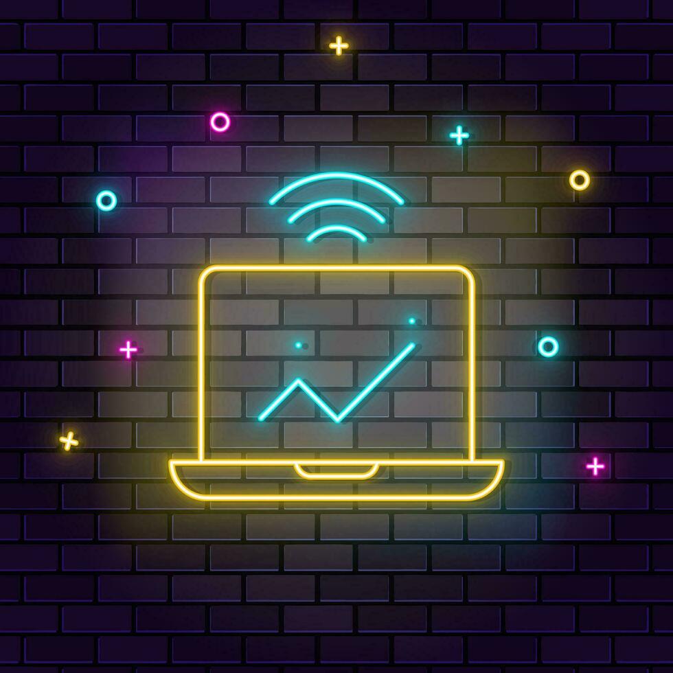 Computer, analytics, smart icon , neon on wall. Dark background brick wall neon icon. vector