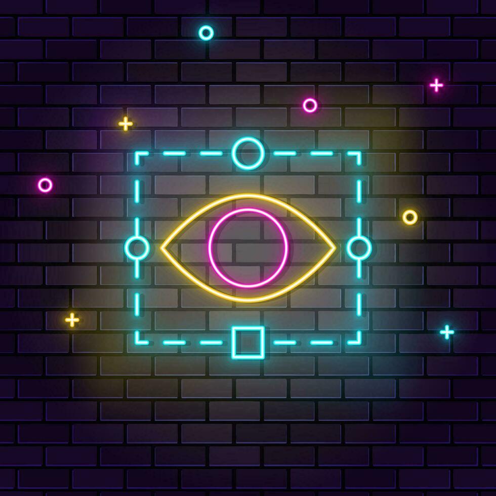 Retina, tech, eye icon , neon on wall. Dark background brick wall neon icon. vector