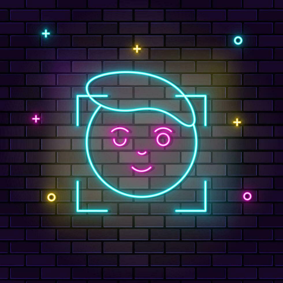 Analysis, facial, tech, smart icon , neon on wall. Dark background brick wall neon icon. vector