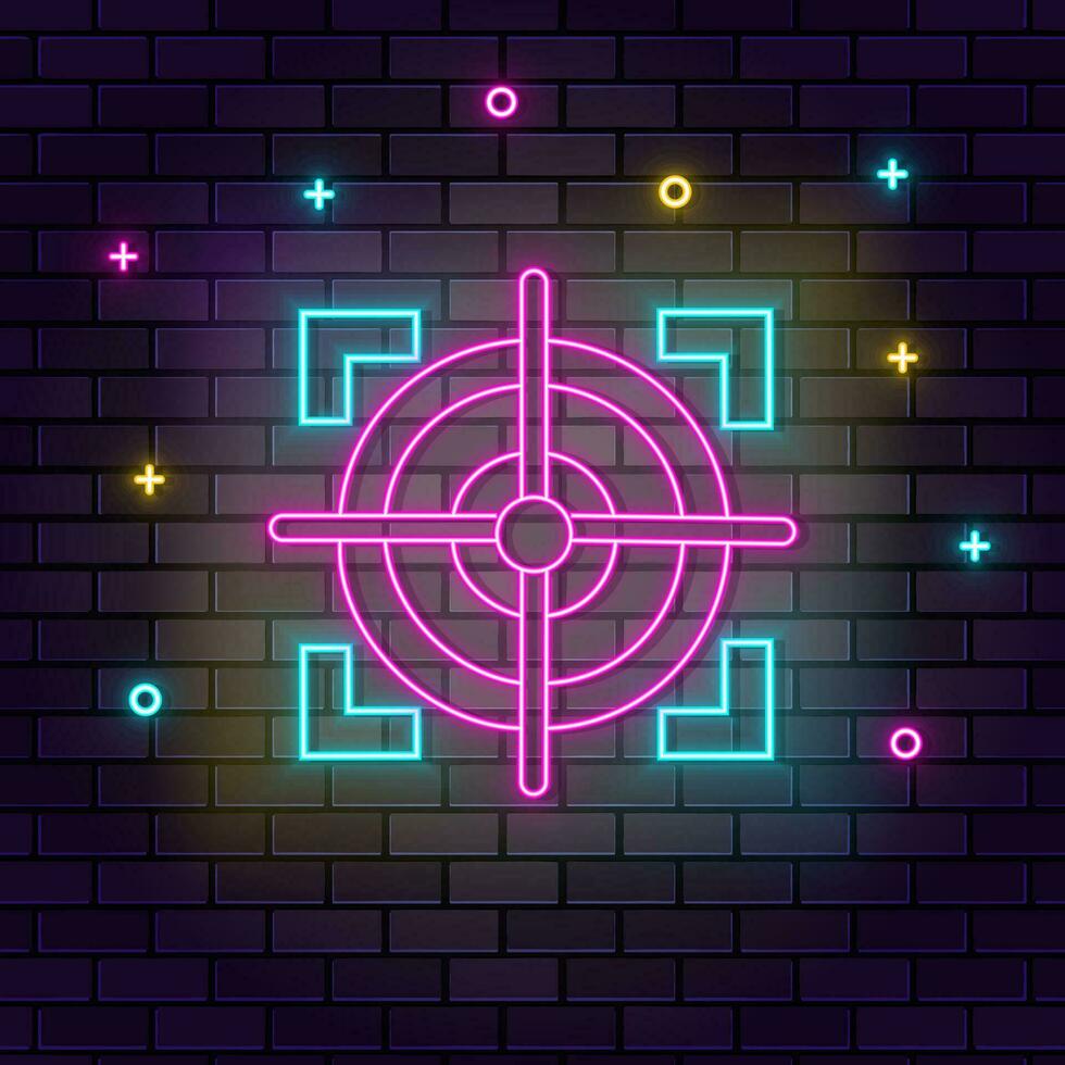 Target sniper objective neon on wall. Dark background brick wall neon icon. vector