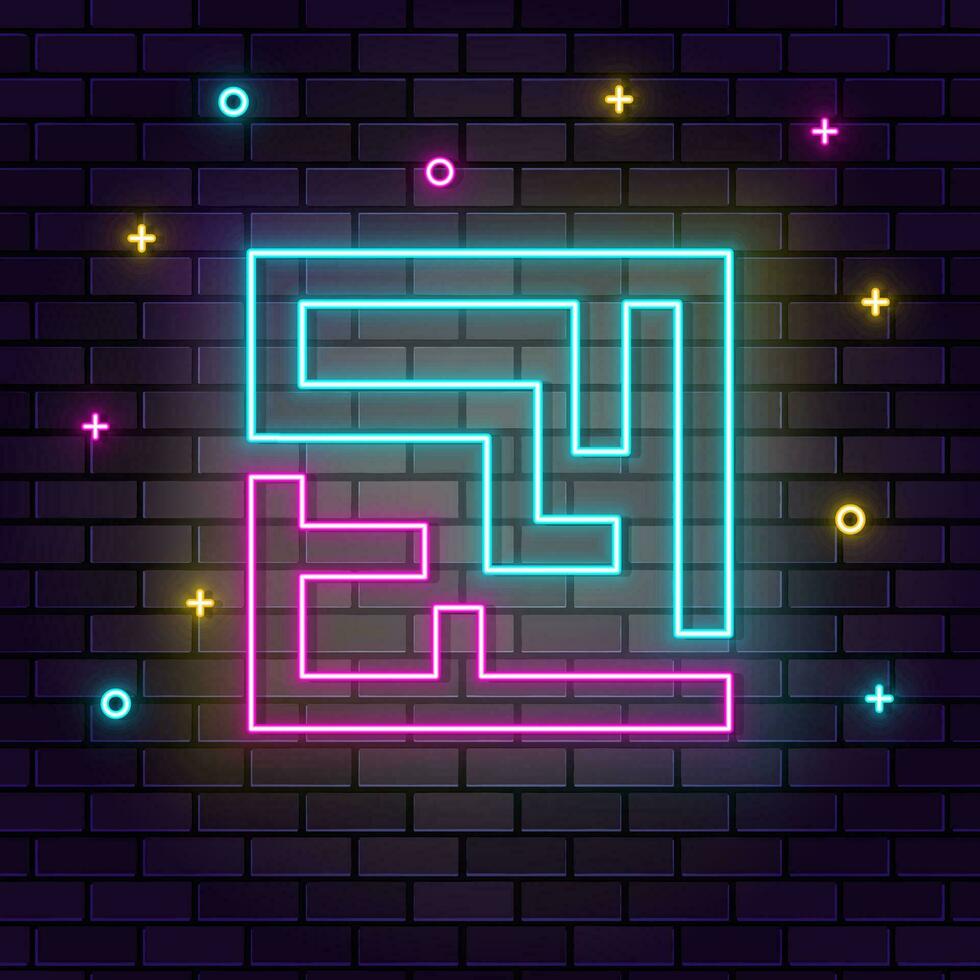 Labyrinth way road neon on wall. Dark background brick wall neon icon. vector