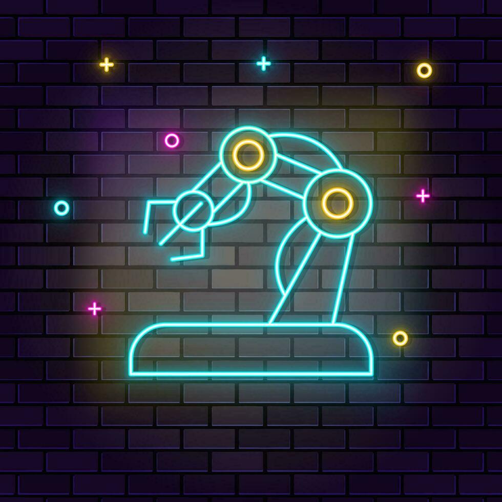 Hand, robotic, arm icon , neon on wall. Dark background brick wall neon icon. vector