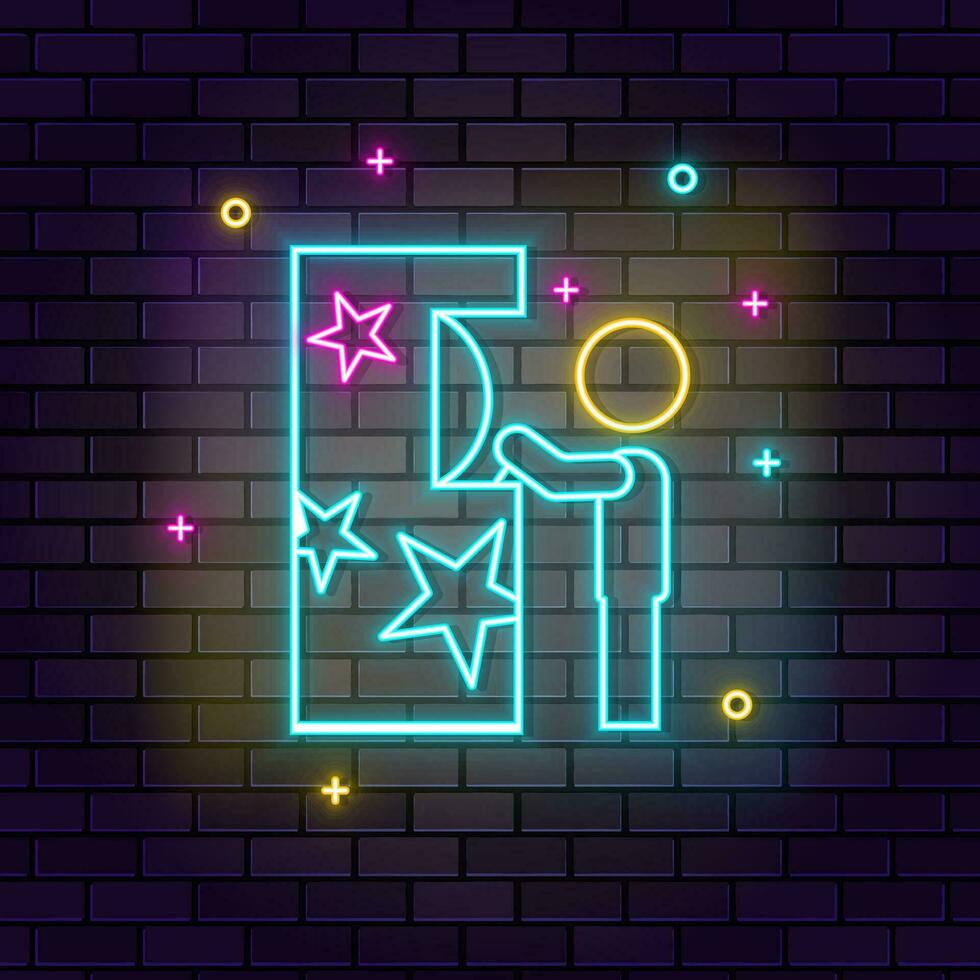 Child gamer play retro neon on wall. Dark background brick wall neon icon. vector