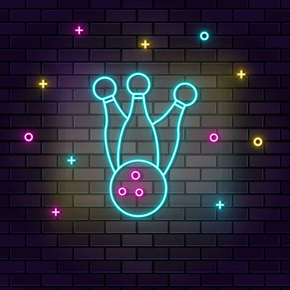 Bowling pins ball retro neon on wall. Dark background brick wall neon icon. vector