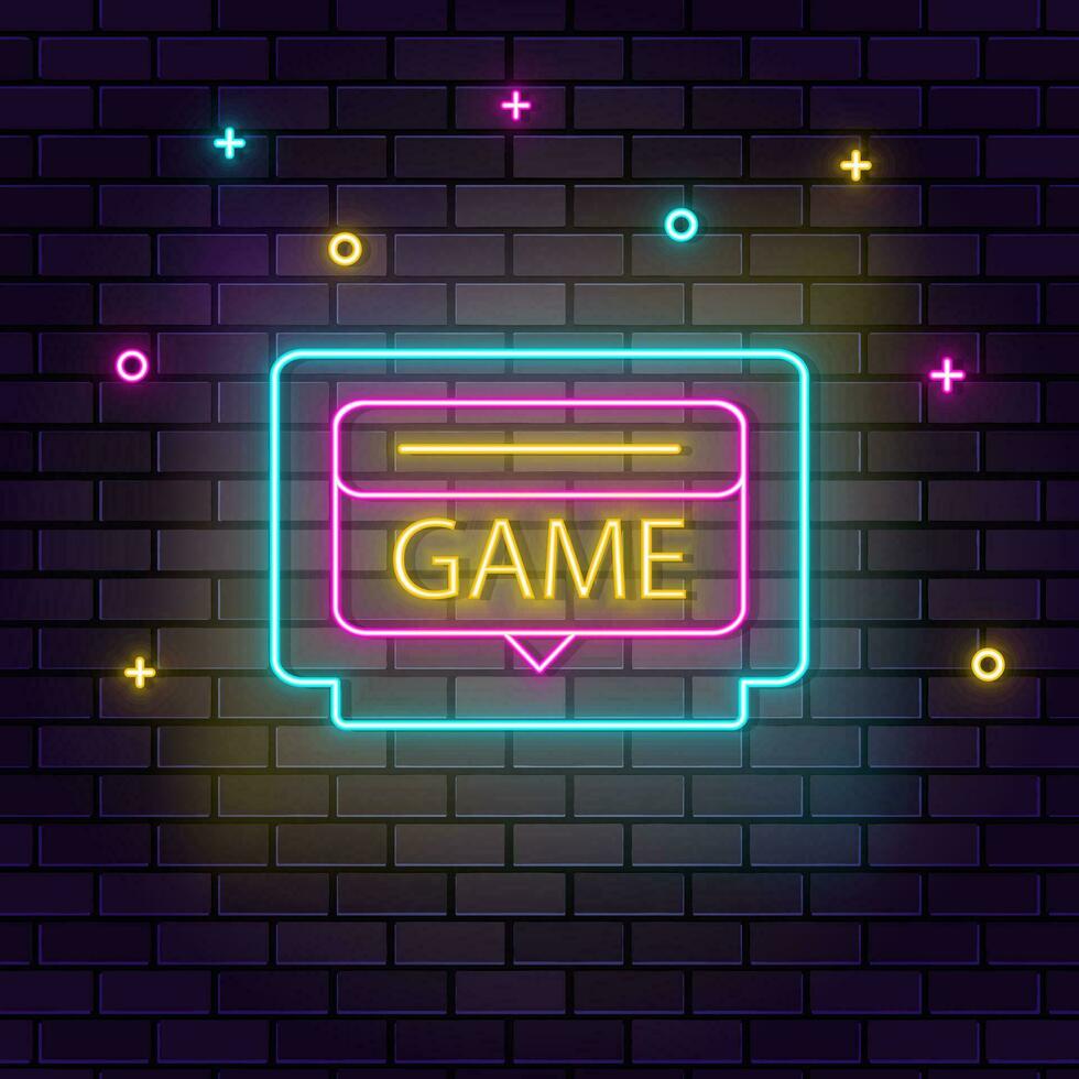 Game cartridge retro arcade neon on wall. Dark background brick wall neon icon. vector