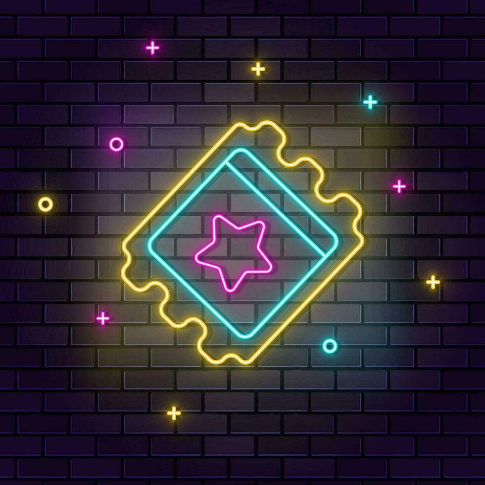 Ticked retro arcade neon on wall. Dark background brick wall neon icon. vector