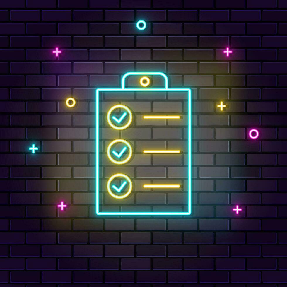 Checklist, tasks, multicolor neon icon on dark brick wall. vector