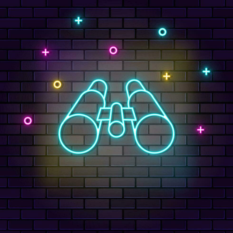 Binoculars, explore, multicolor neon icon on dark brick wall. vector