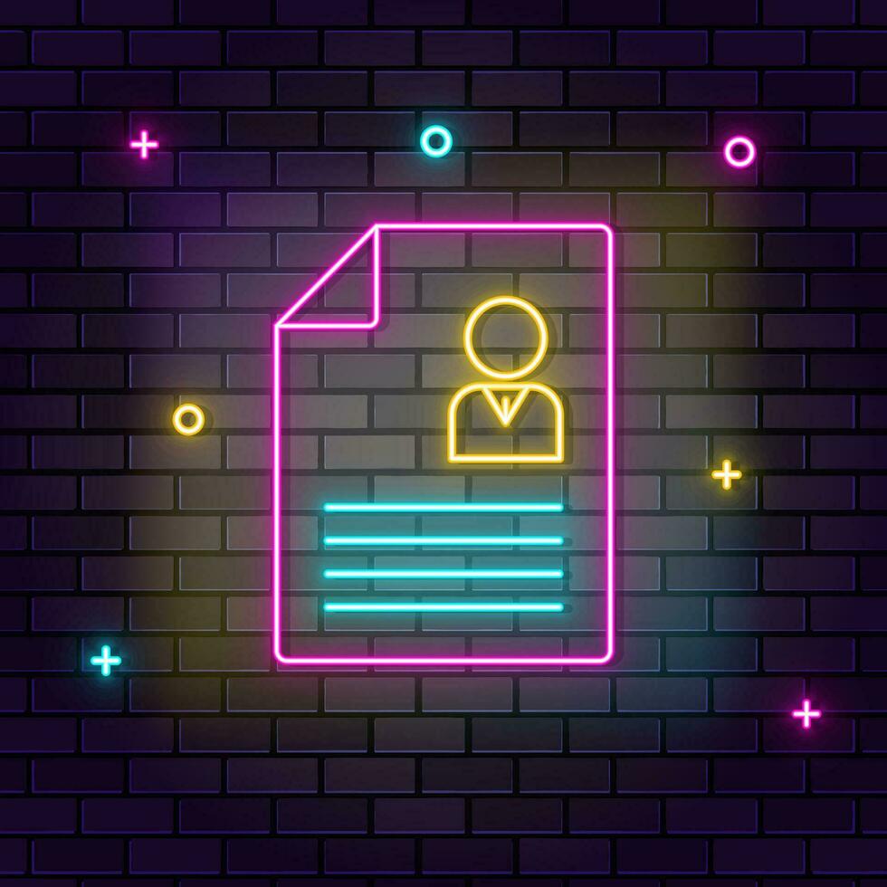 Contract, cv, multicolor neon icon on dark brick wall. vector