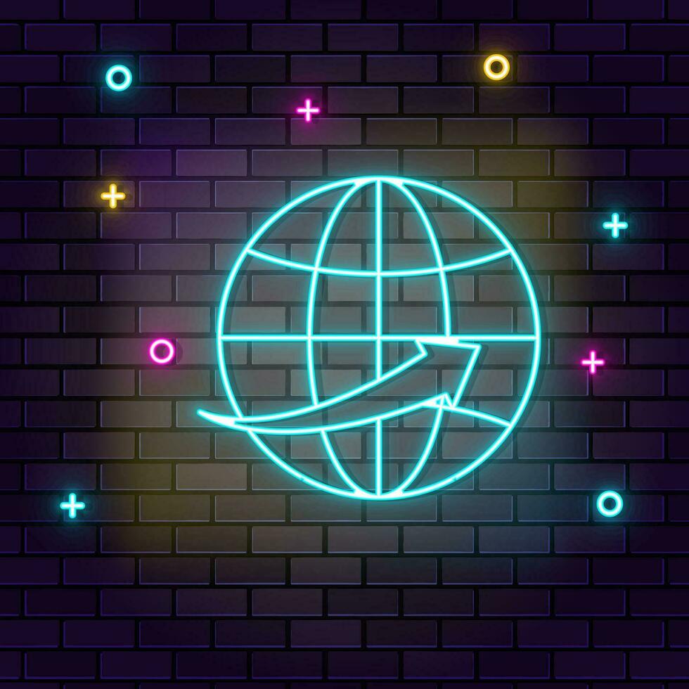 Global business, communication, multicolor neon icon on dark brick wall. vector