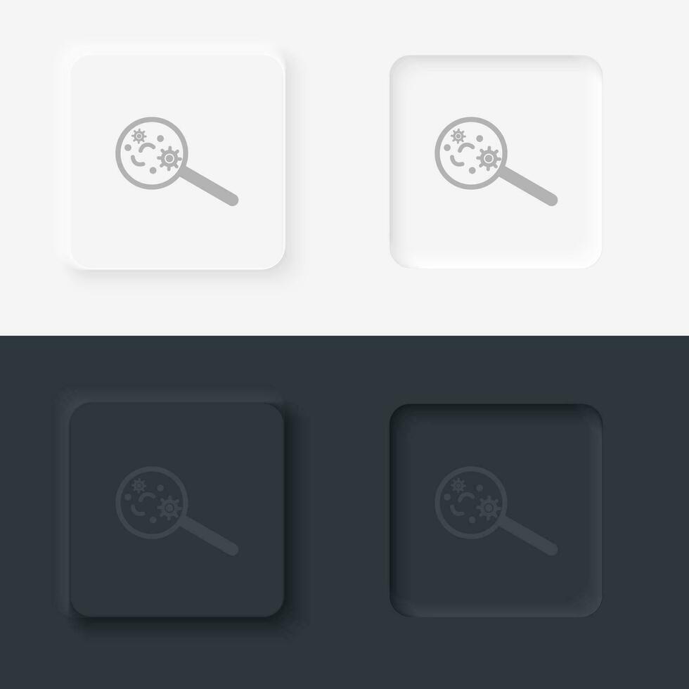 Virus, magnifier, neomorphism style, vector icon with button. On black and white background
