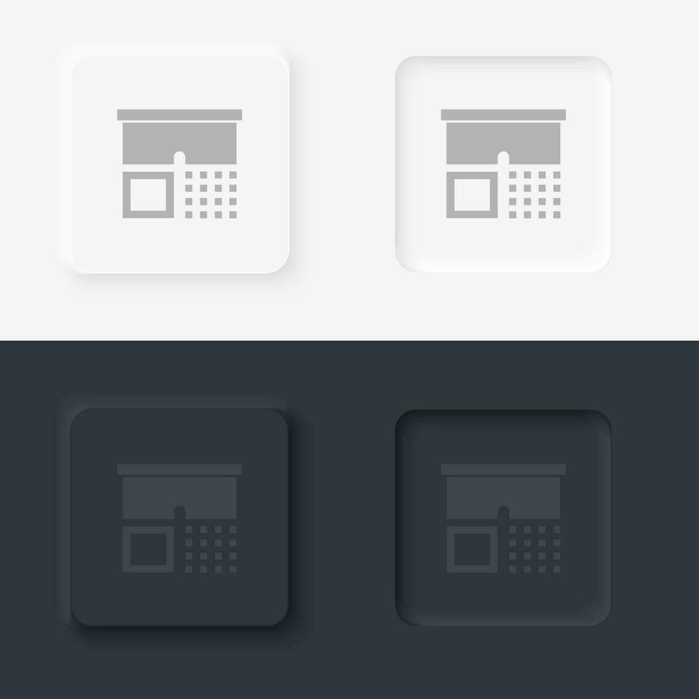 Wear, neomorphism style, vector icon with button. On black and white background