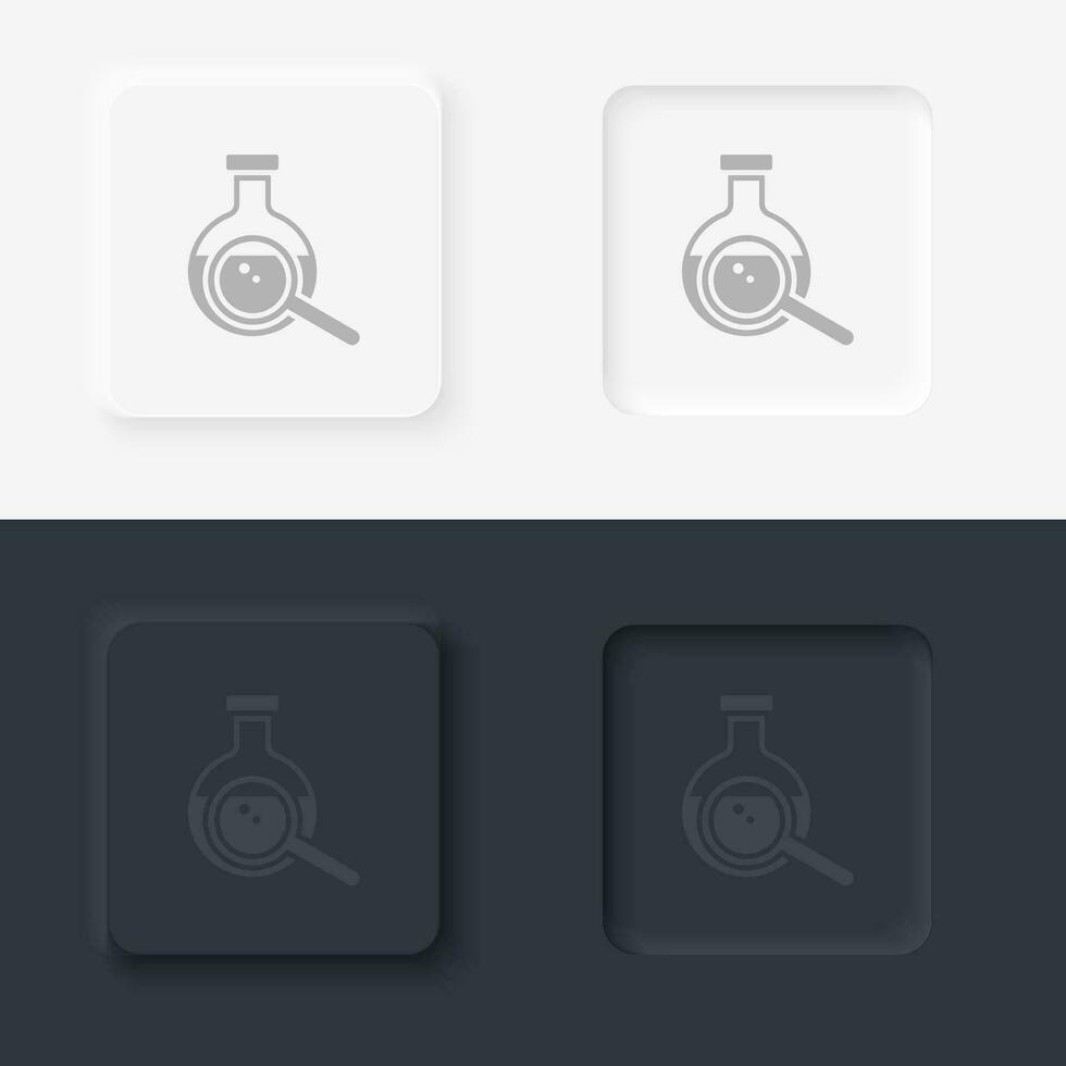 Flask, magnifier, neomorphism style, vector icon with button. On black and white background