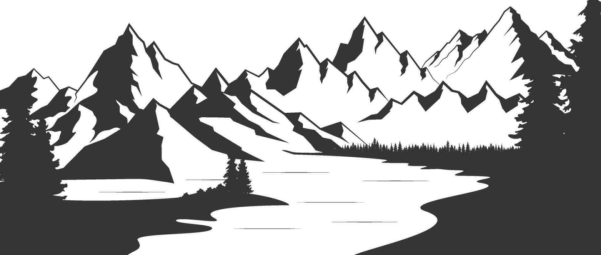 Mountain with pine trees and lake landscape. Silhouette illustration converted to vector