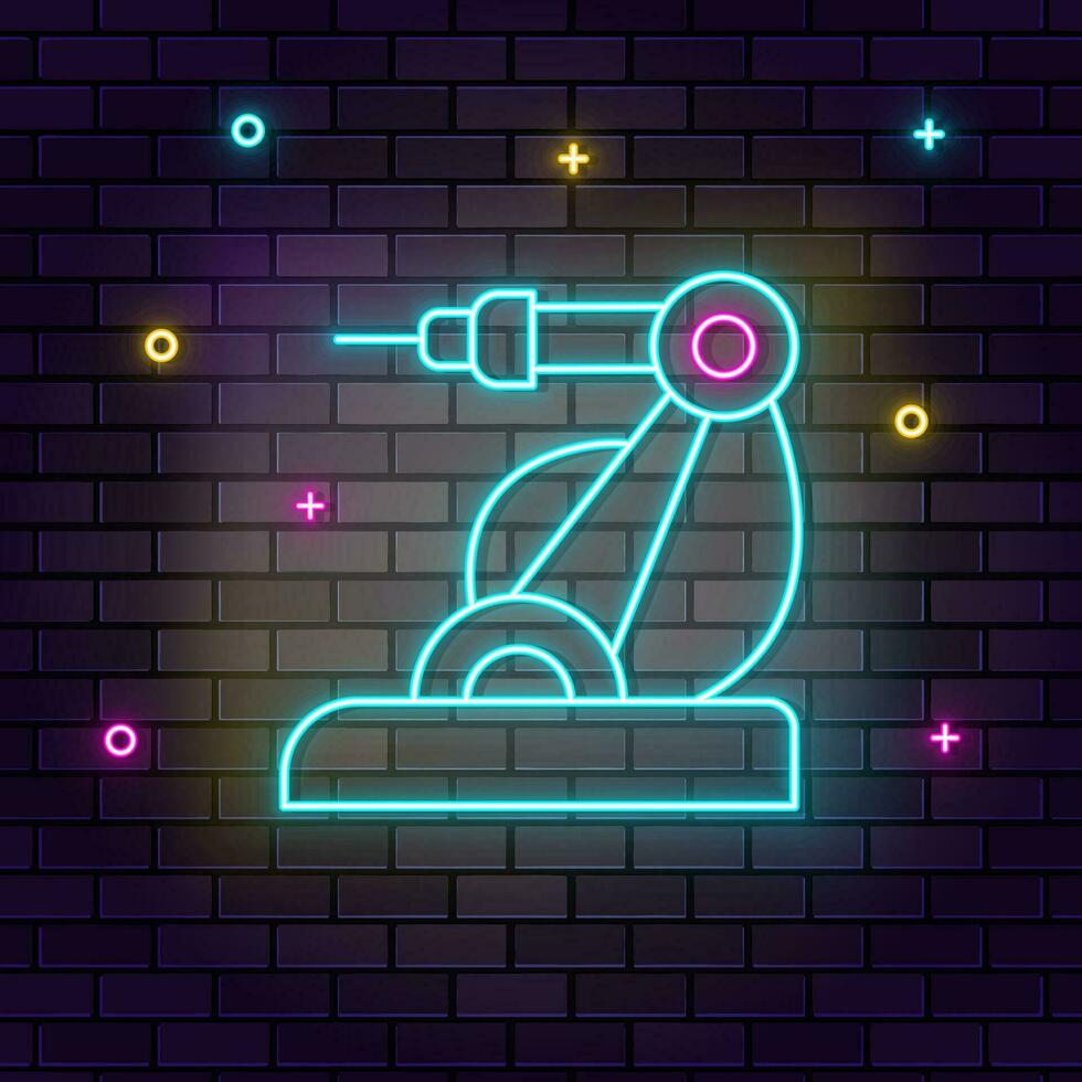 Hand, robotic, arm, laser icon , neon on wall. Dark background brick wall neon icon. vector