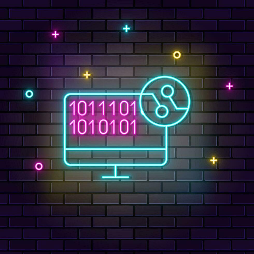 Ai, computer, code icon , neon on wall. Dark background brick wall neon icon. vector