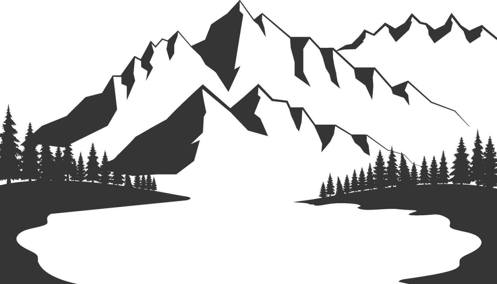 Mountain with pine trees and landscape black on white background. Hand drawn rocky peaks in sketch style. Vector illustration
