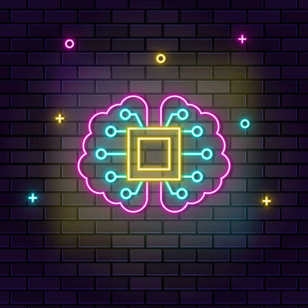 Brain, mechanism, intelligence icon , neon on wall. Dark background brick wall neon icon. vector