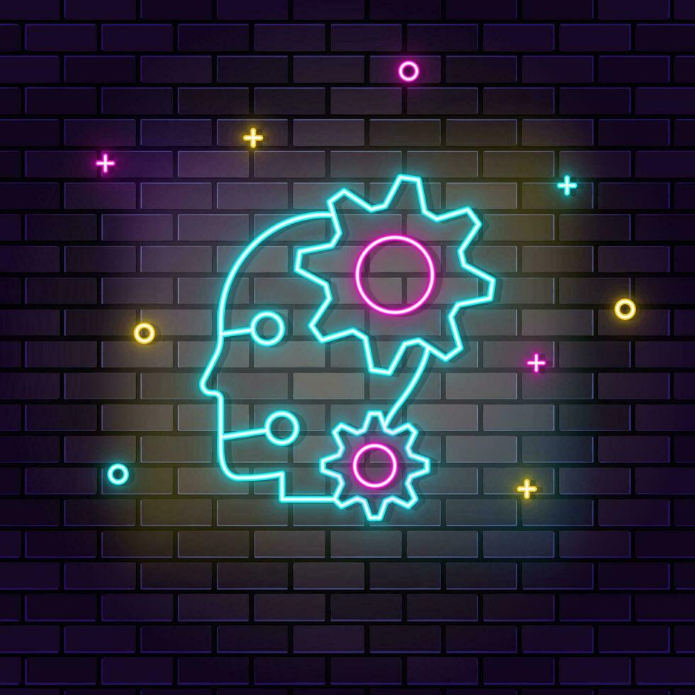 Robot, settings icon , neon on wall. Dark background brick wall neon icon. vector