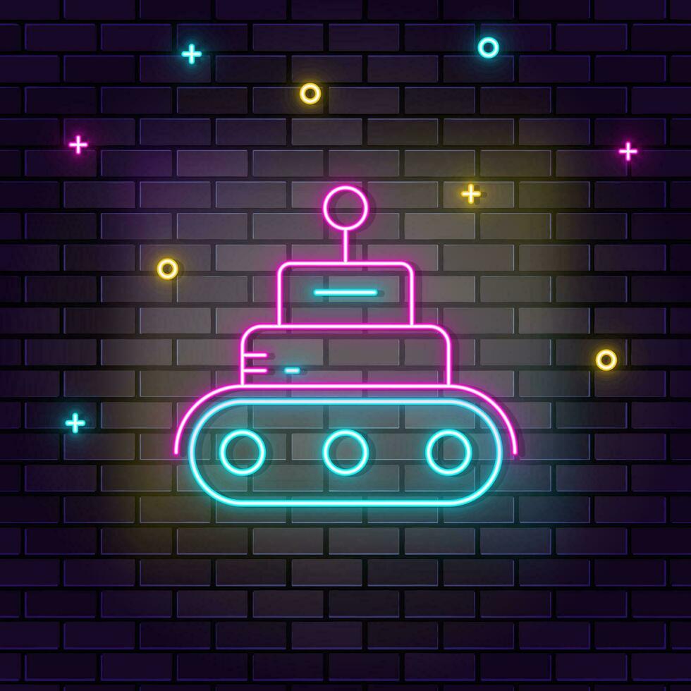 Robot, tech, car icon , neon on wall. Dark background brick wall neon icon. vector