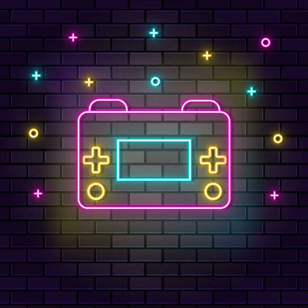Retro arcade game console neon on wall. Dark background brick wall neon icon. vector