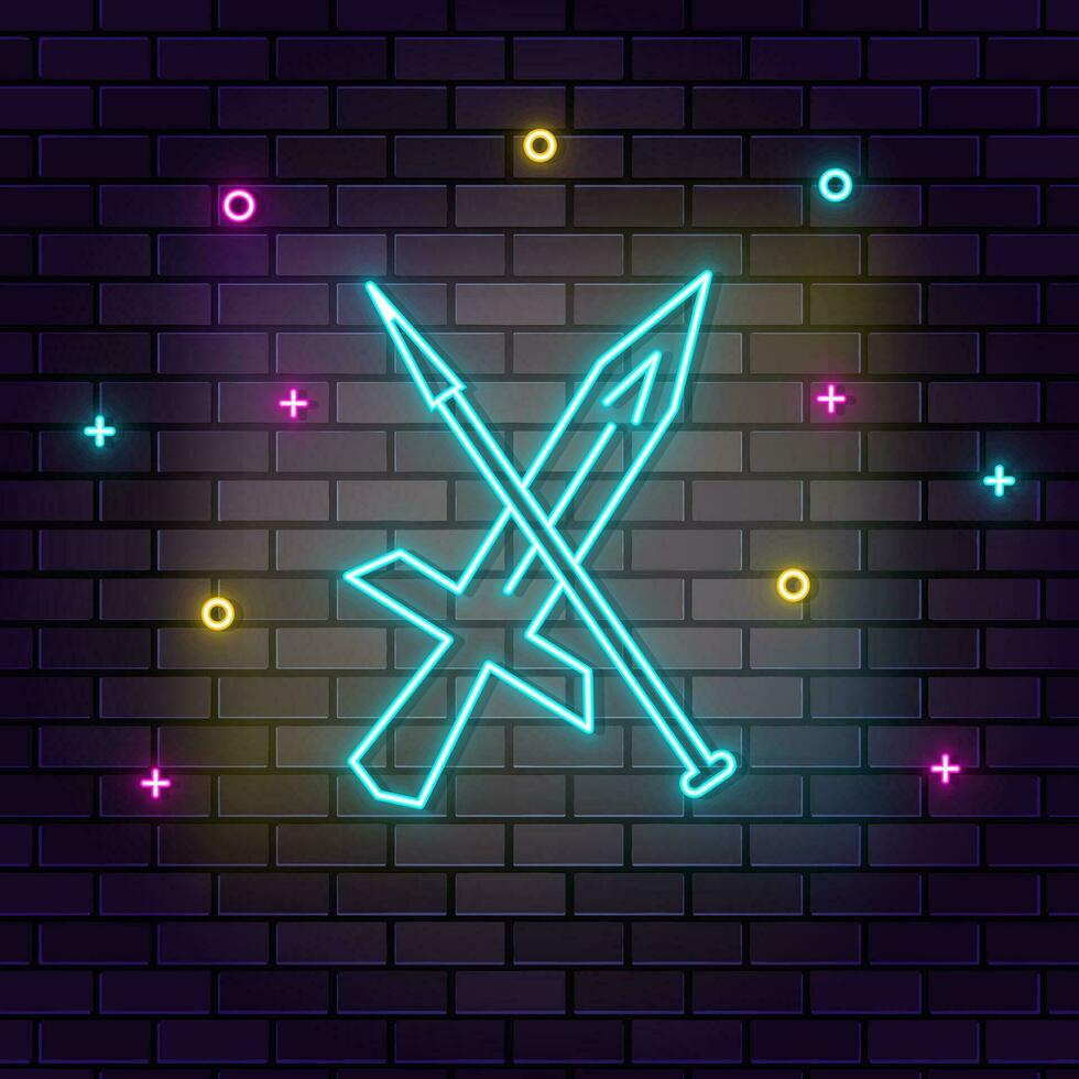 Sward fighting games retro neon on wall. Dark background brick wall neon icon. vector