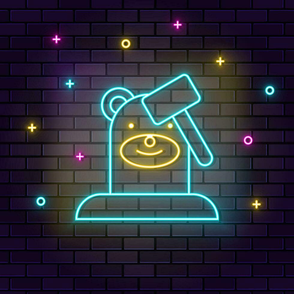Mole game whack retro arcade neon on wall. Dark background brick wall neon icon. vector