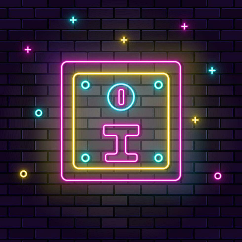 Coin slot retro arcade neon on wall. Dark background brick wall neon icon. vector