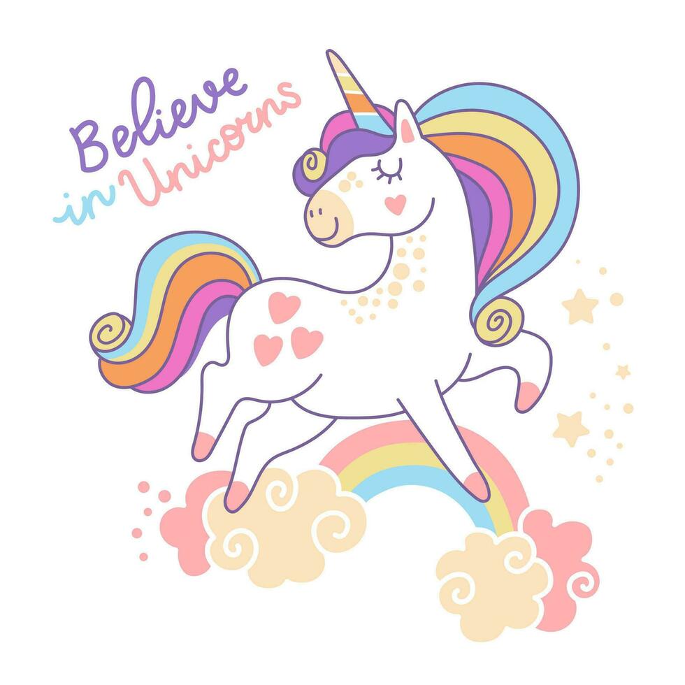 linda dibujos animados personaje magia unicornio con un arco iris vector