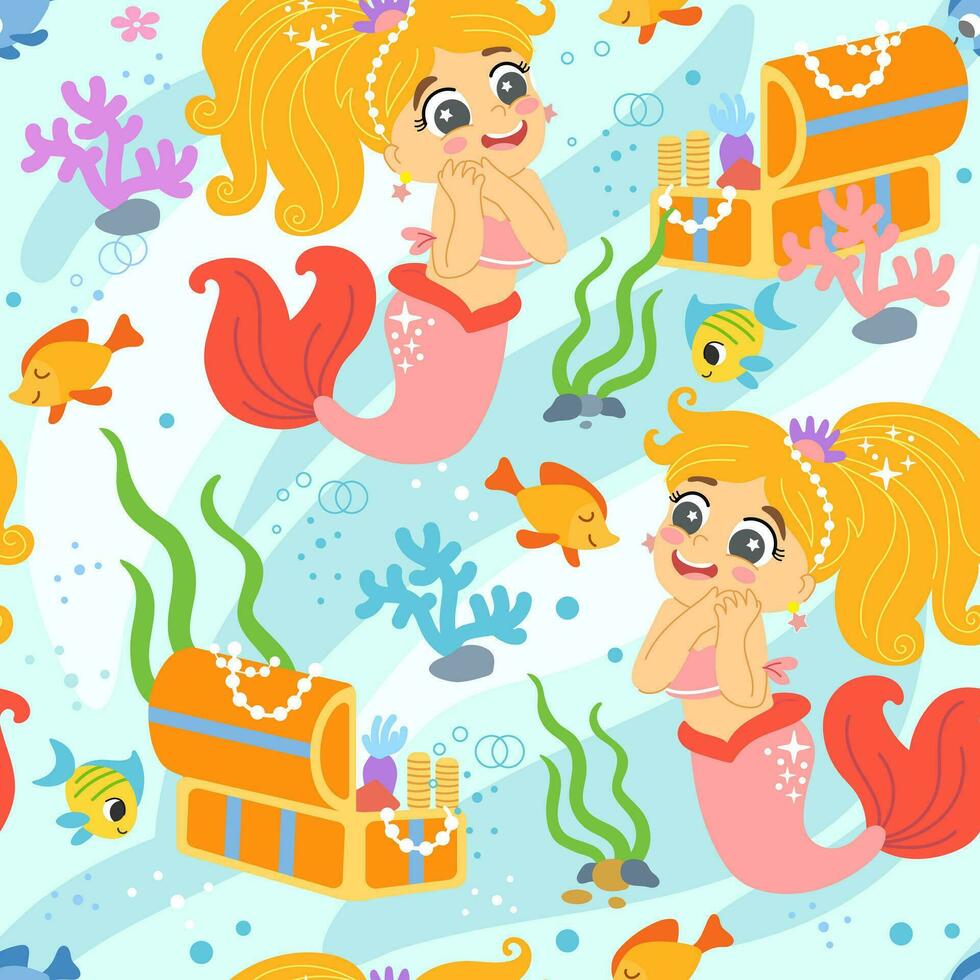 Seamless pattern with mermaid and treasure chest vector