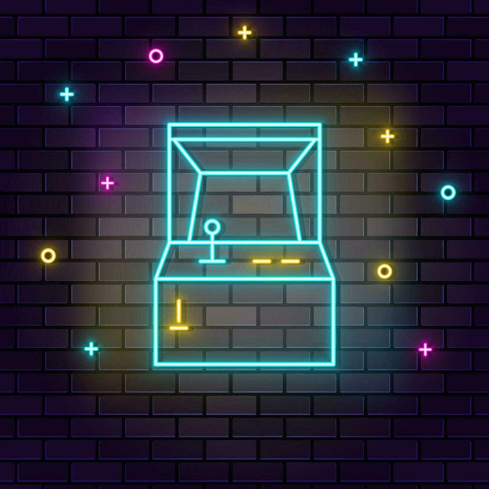 Console retro game arcade neon on wall. Dark background brick wall neon icon. vector