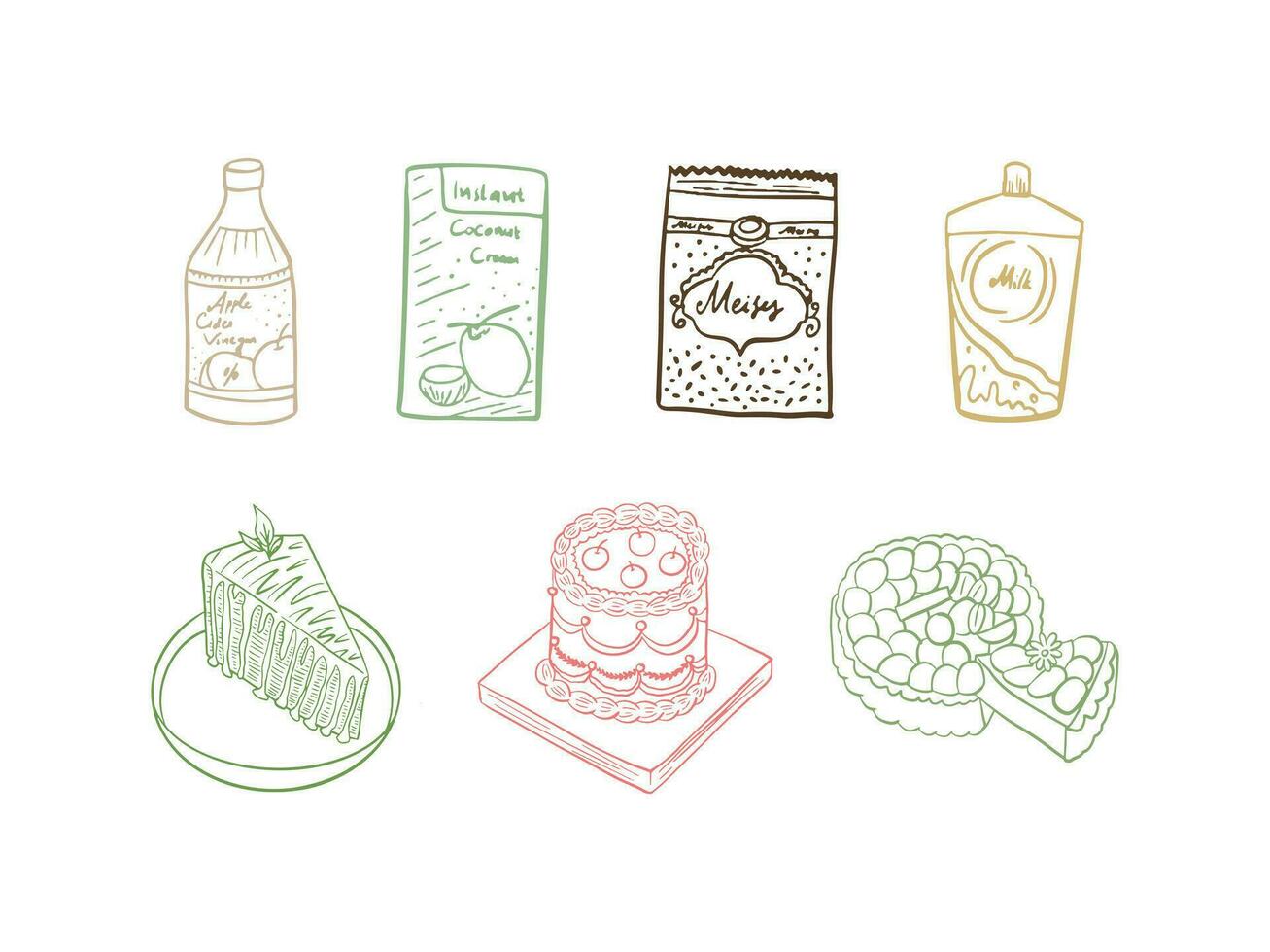 conjunto de línea Arte comida ingredientes para Cocinando y horneando vector