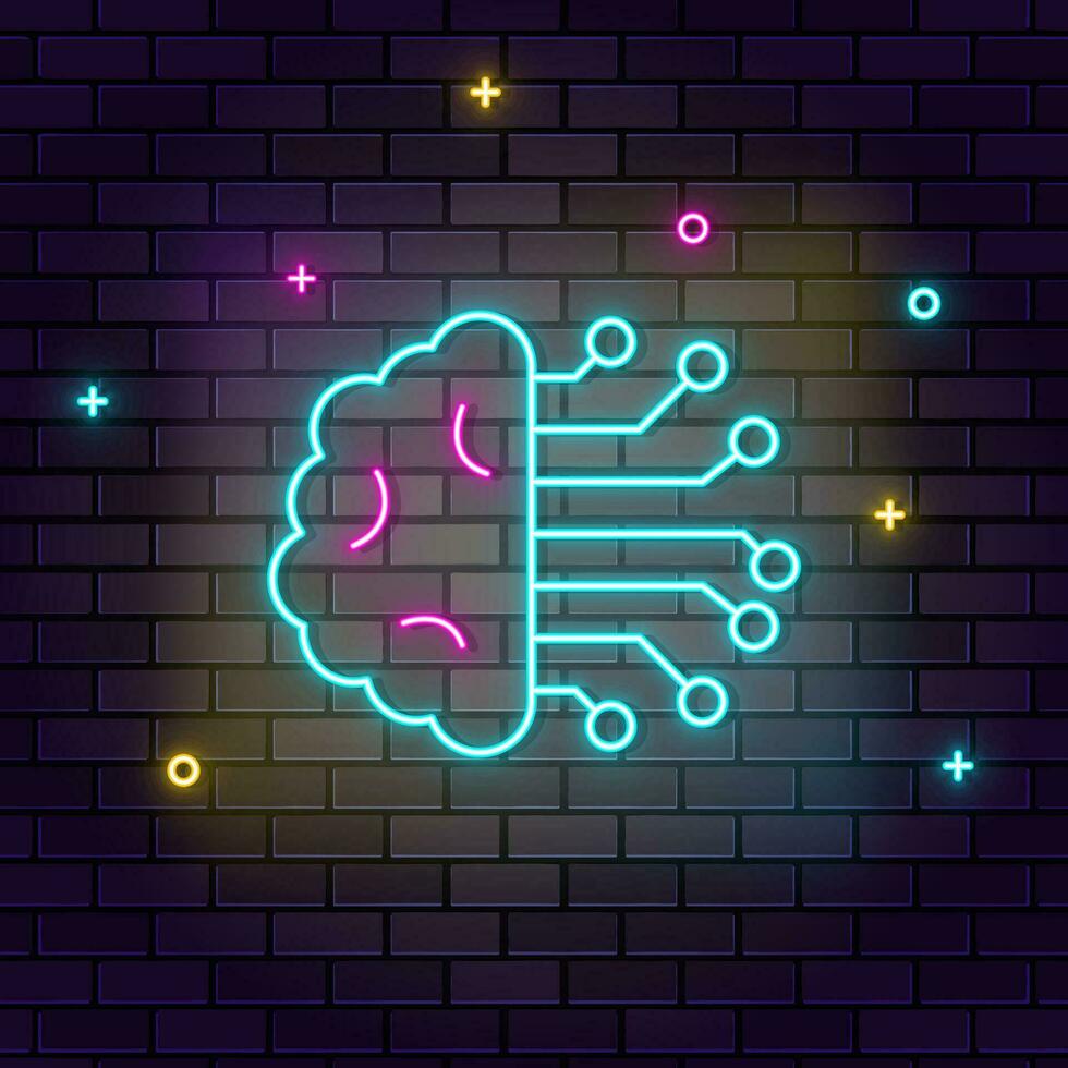 Intelligence, brain icon , neon on wall. Dark background brick wall neon icon. vector