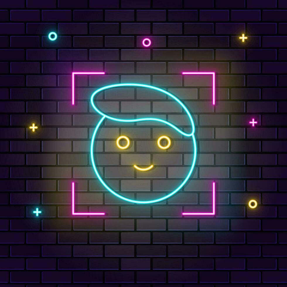 Face, recognition, tech icon , neon on wall. Dark background brick wall neon icon. vector