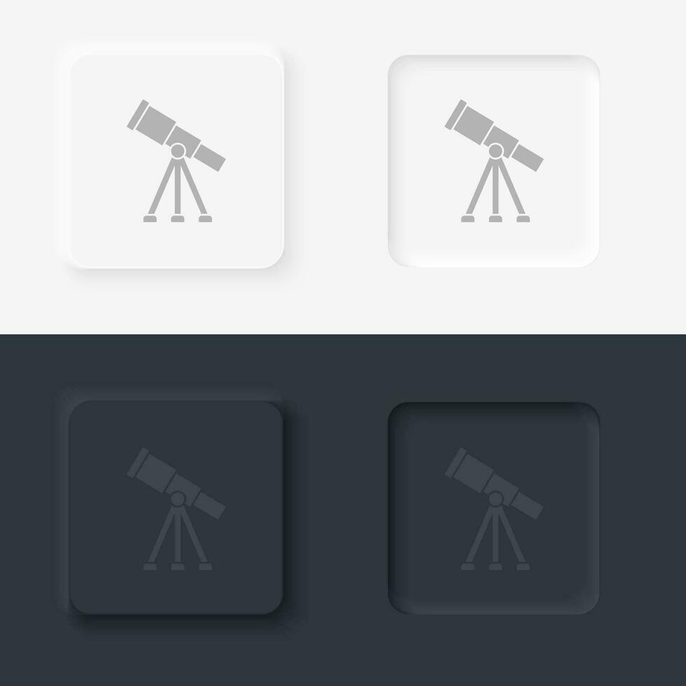 Observatory, telescope, neomorphism style, vector icon with button. On black and white background