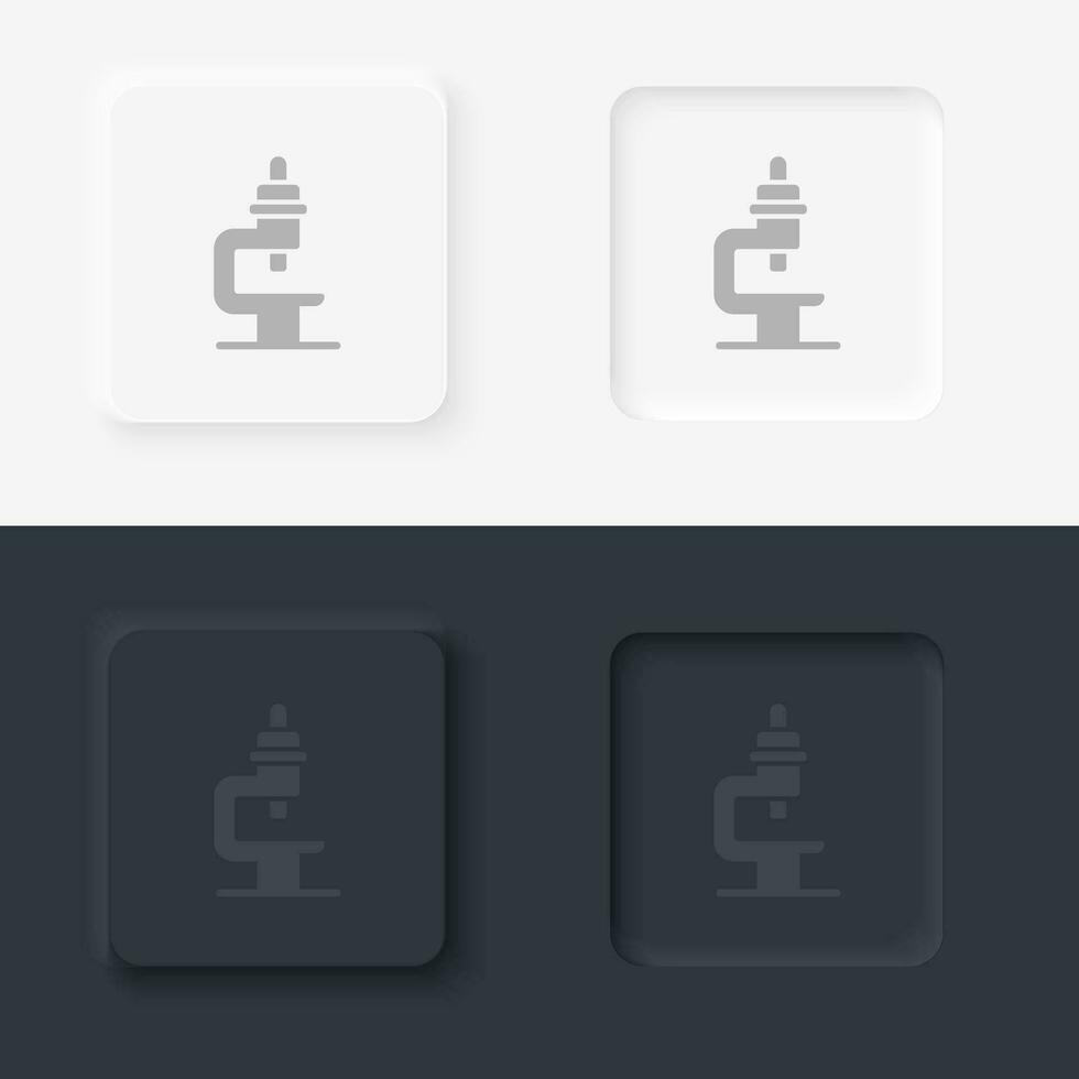 Microscope, neomorphism style, vector icon with button. On black and white background