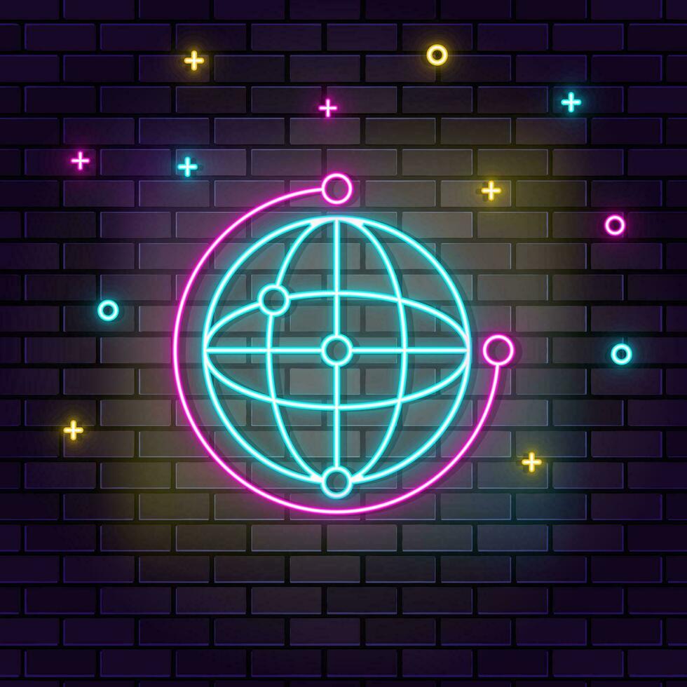 Network, global icon , neon on wall. Dark background brick wall neon icon. vector