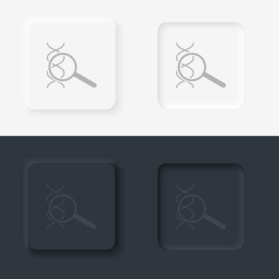 Dna, magnifier, neomorphism style, vector icon with button. On black and white background