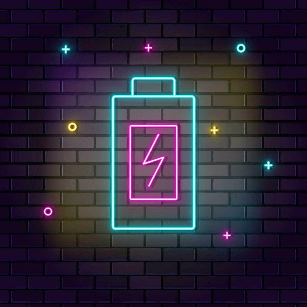 Battery, charging, multicolor neon icon on dark brick wall. vector