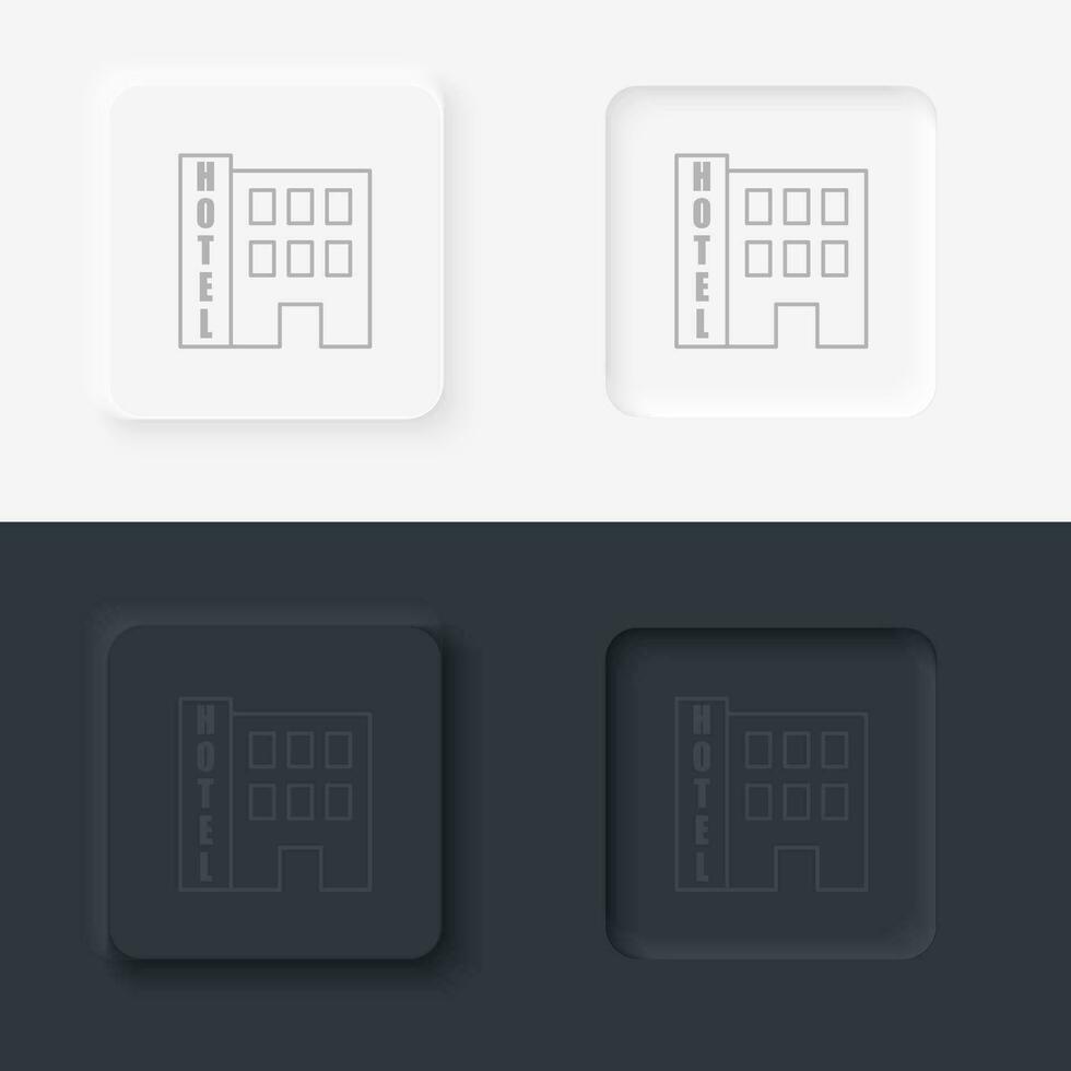 Building hotel outline icon. Neumorphic style button vector iconon black and white background set