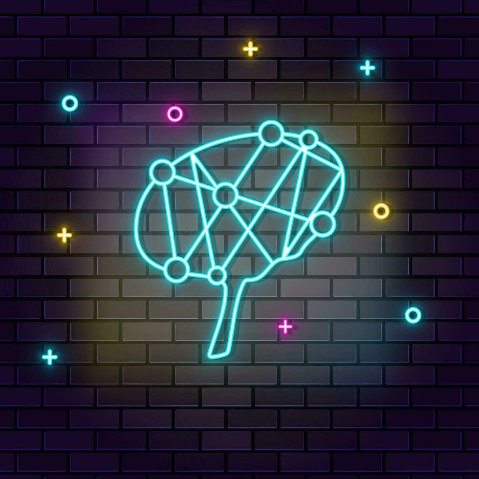 Brain, brainstorming, multicolor neon icon on dark brick wall. vector