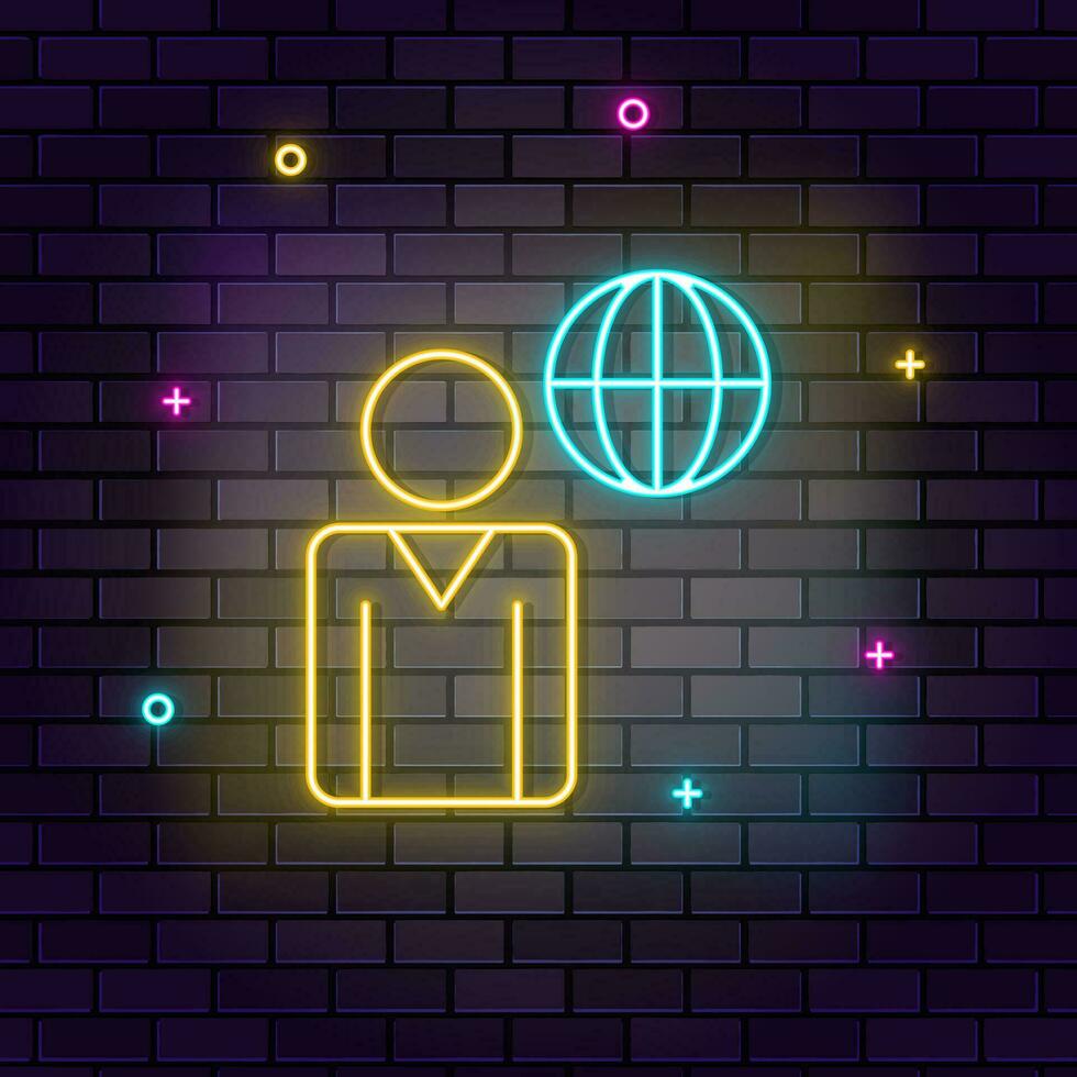 Businessman, global business, multicolor neon icon on dark brick wall. vector