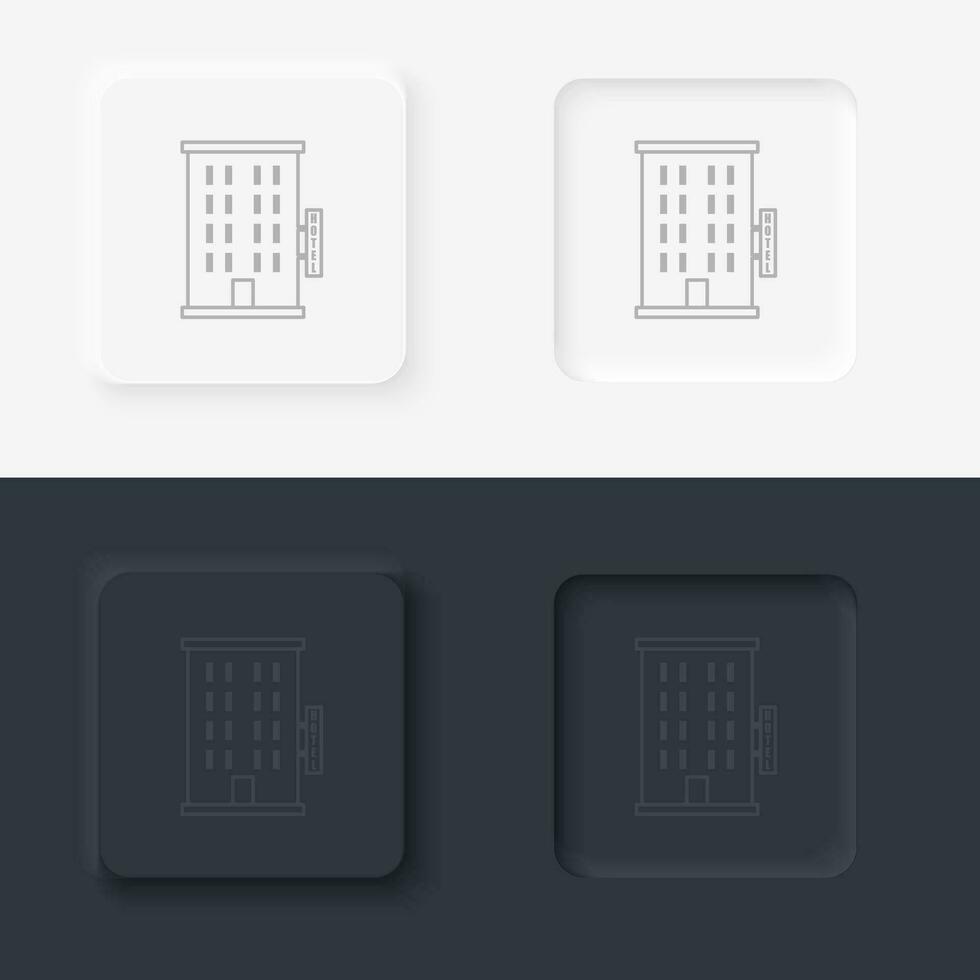 Building hotel outline icon. Neumorphic style button vector iconon black and white background set