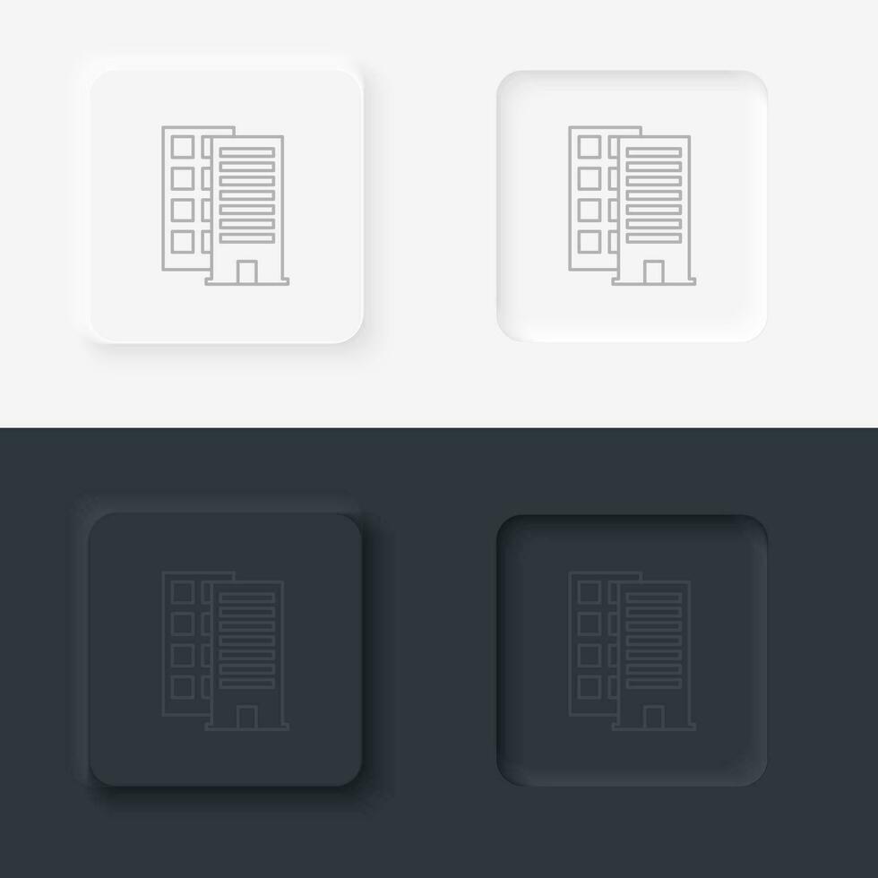 Building outline icon. Neumorphic style button vector iconon black and white background set