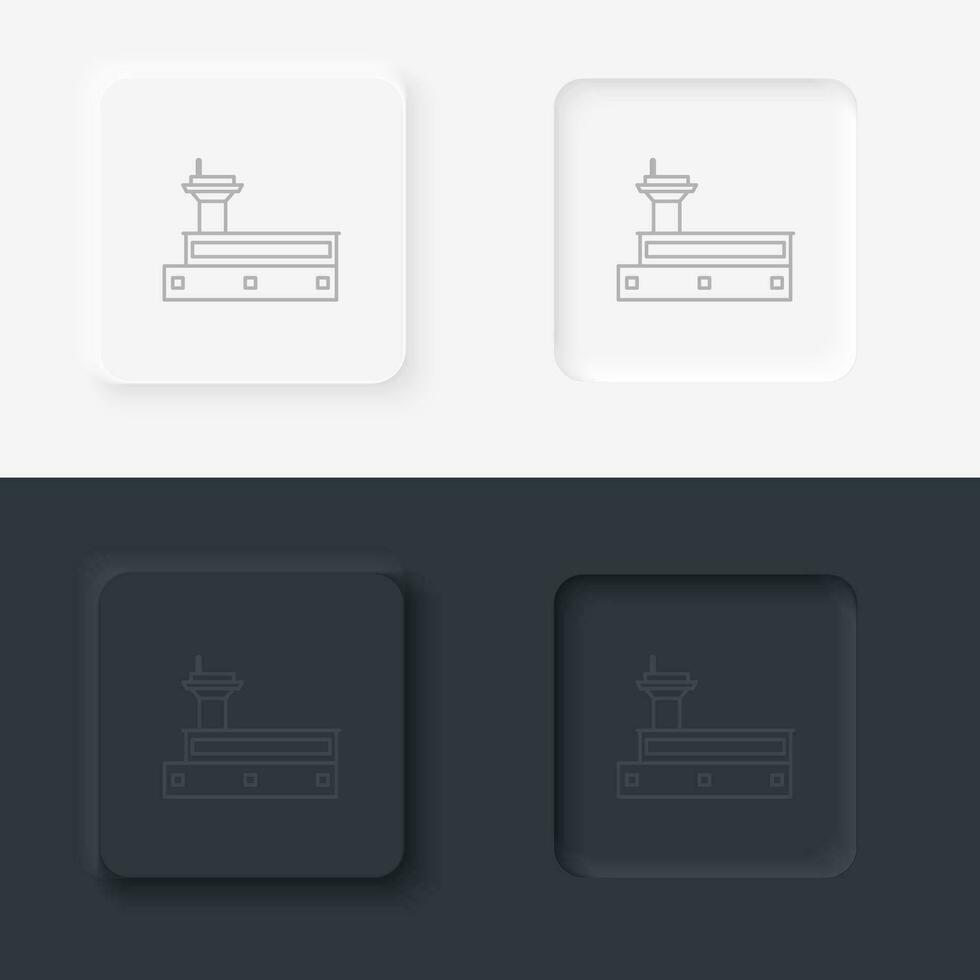 Building airport outline icon. Neumorphic style button vector iconon black and white background set