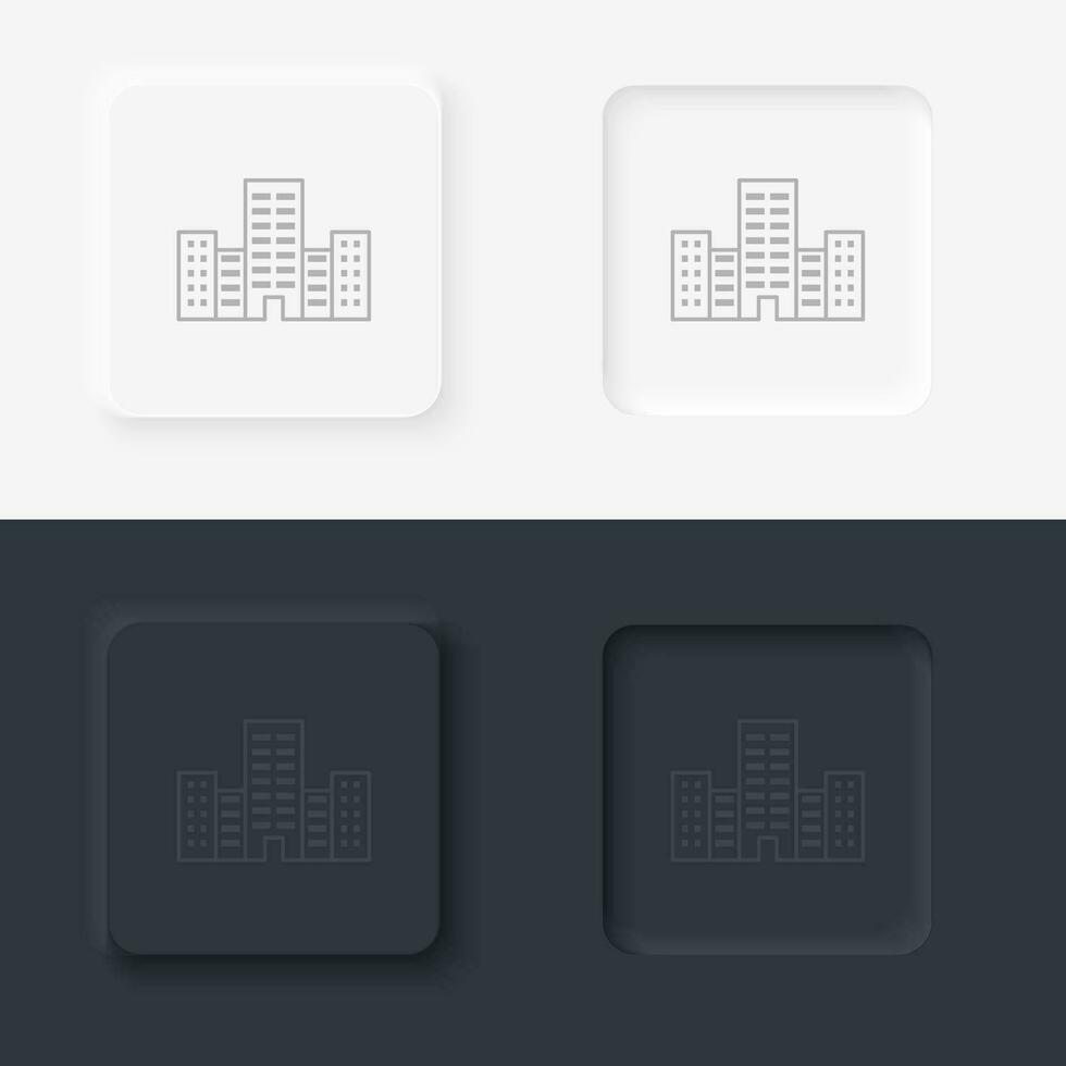 Building outline icon. Neumorphic style button vector iconon black and white background set