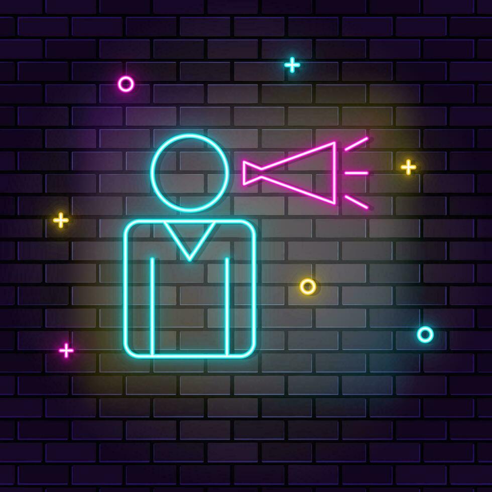 Advertising, bullhorn, multicolor neon icon on dark brick wall. vector