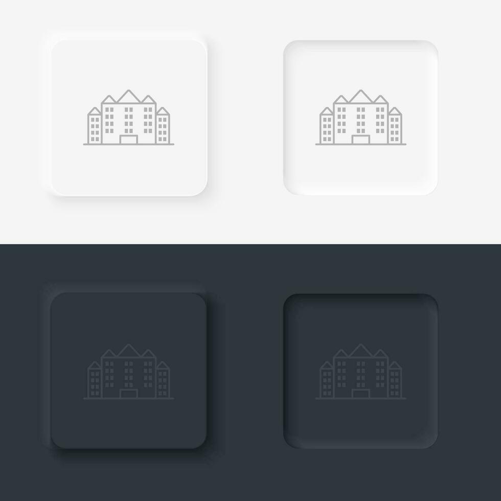 Building outline icon. Neumorphic style button vector iconon black and white background set